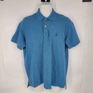 Nautica Polo Shirt Men Medium  Solid Blue Pique Knit Cotton Short Sleeve